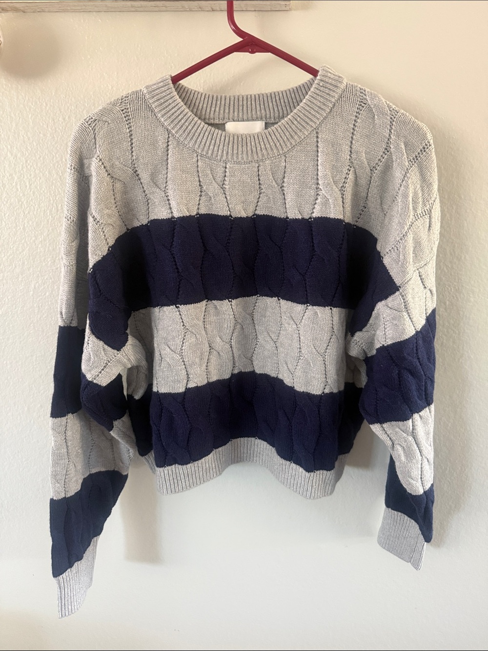 Pink Rose Cable-Knit Crewneck Sweater in Light Gray & Navy